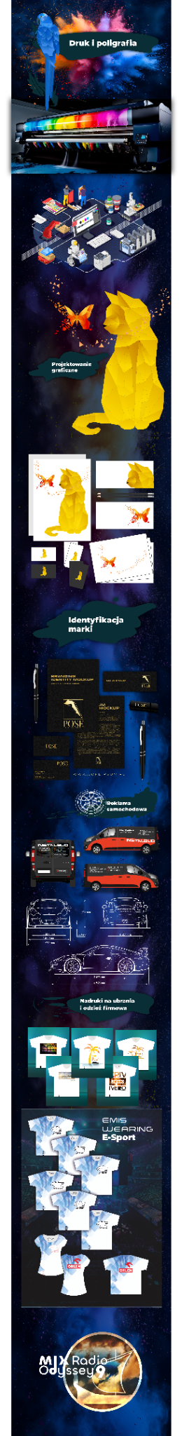 Moodboard projektów drukowanych: poligrafia, identyfikacja marki, oklejanie samochodów i odzież reklamowa